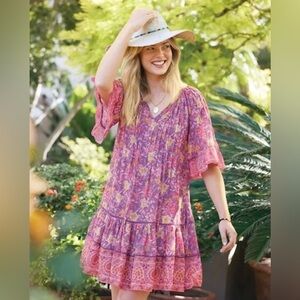 Sundance Women’s Aisha Floral Pleated Dress Pink Ruffle Boho Peasant Petite S